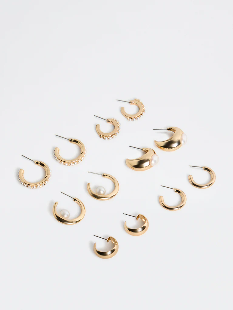 Westside Accessories Gold Pearl-Embellished Multi Hoop Earrings - Pack of 6 - Image 2