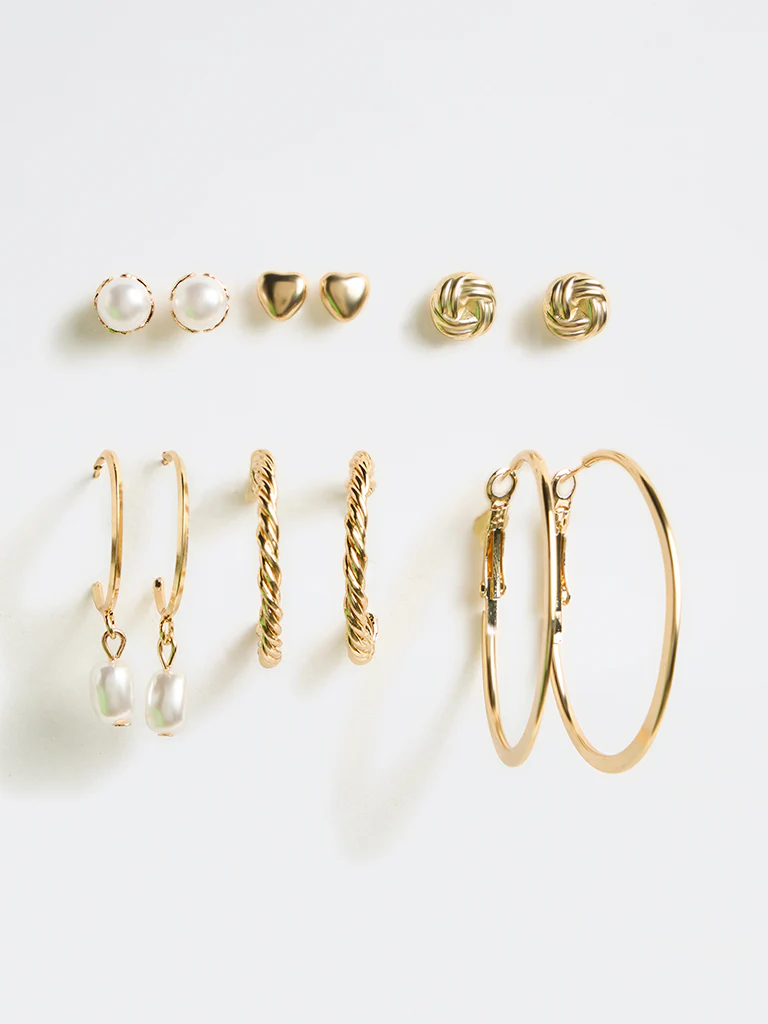 Westside Accessories Gold & Pearl Mixed Earrings - Pack of 6