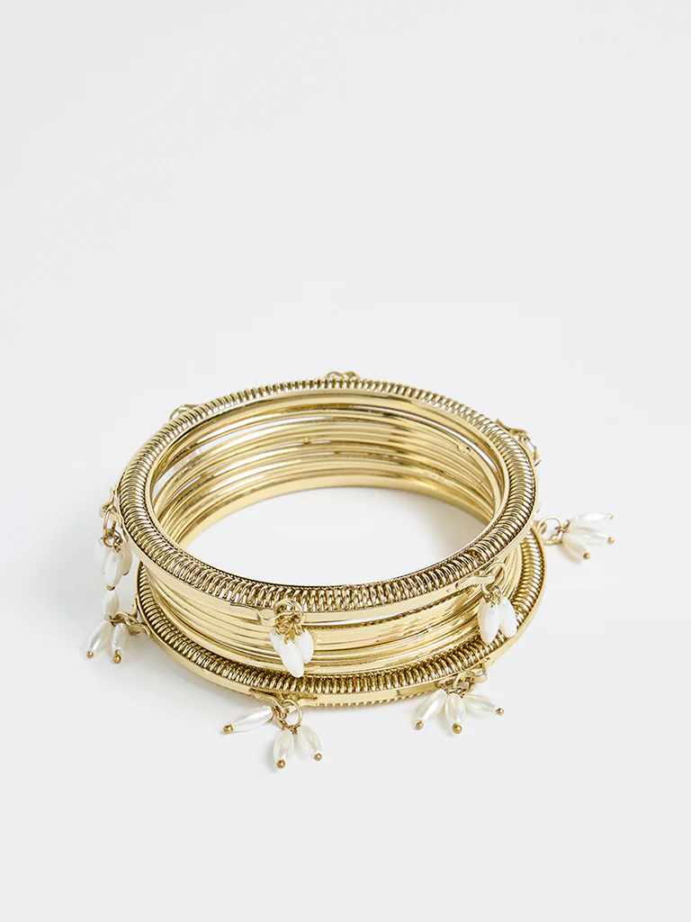 Westside Accessories Gold Rice Pearl Bangles - Pack of 9 - Image 2