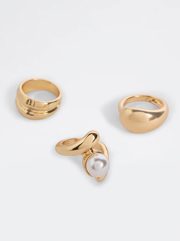 Westside Accessories Gold Statement Ring Set with Pearl Detail - Pack of 3 - Image 3