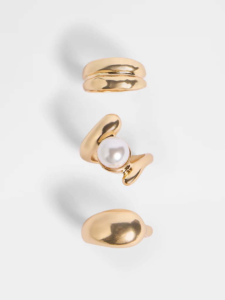 Westside Accessories Gold Statement Ring Set with Pearl Detail - Pack of 3