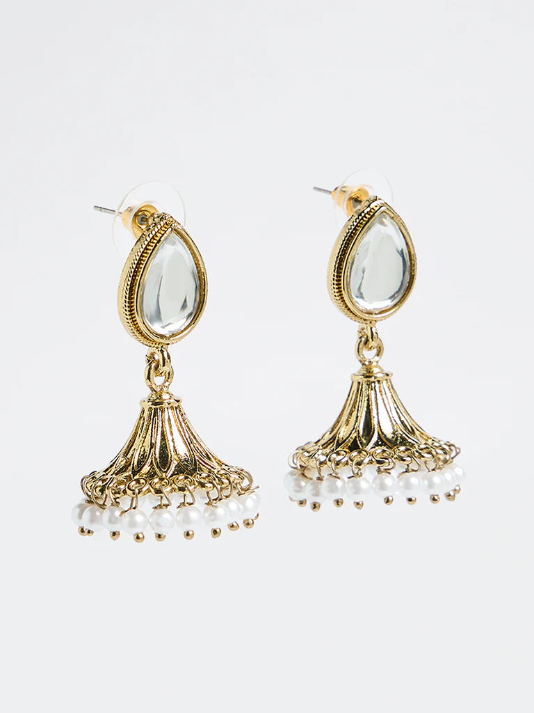 Westside Accessories Gold Stone and Pearl Jhumka Earrings - Image 2