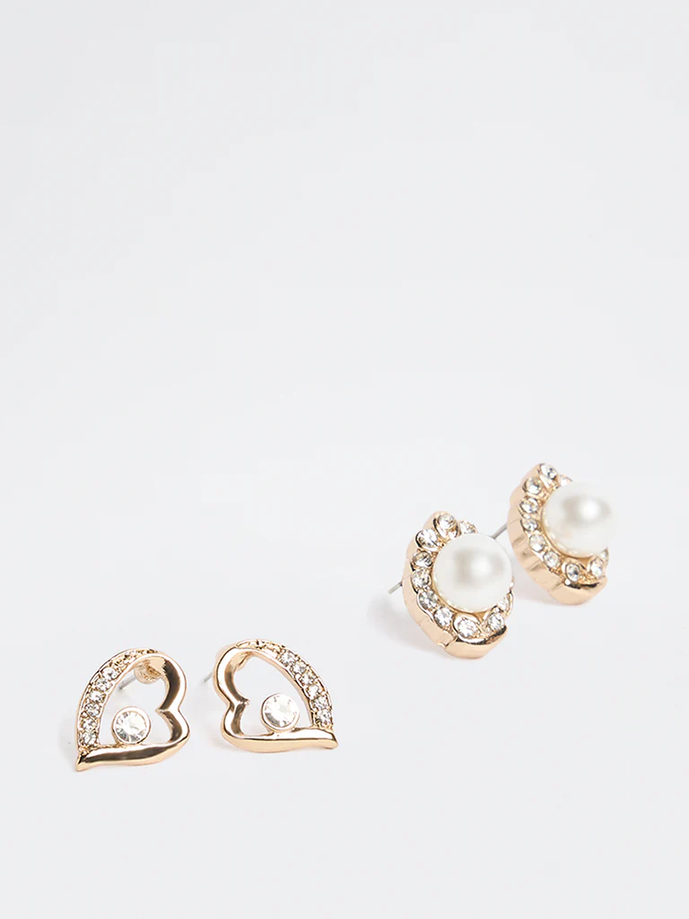 Westside Accessories Gold Stone and Pearl Stud Earrings - Pack of 2 - Image 2