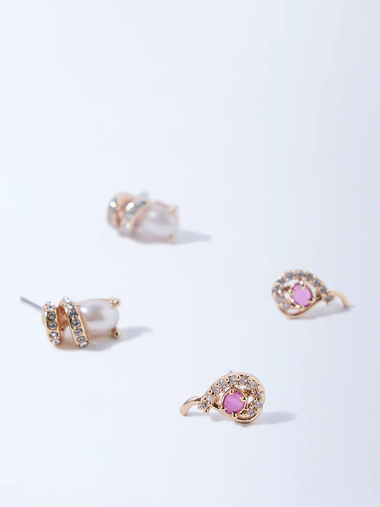 Westside Accessories Gold Stone and Pearlescent Stud Earrings - Pack of 2 - Image 3