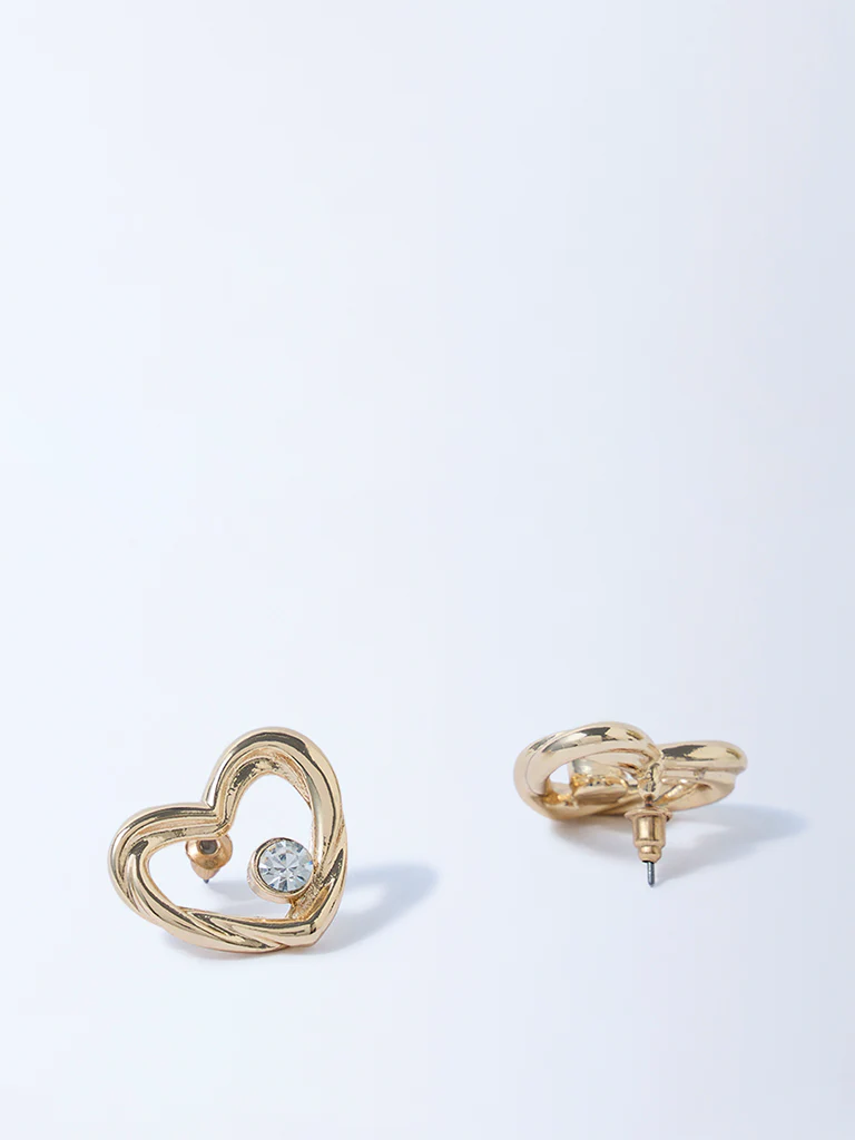 Westside Accessories Gold Stone-Detail Heart Stud Earrings - Image 2