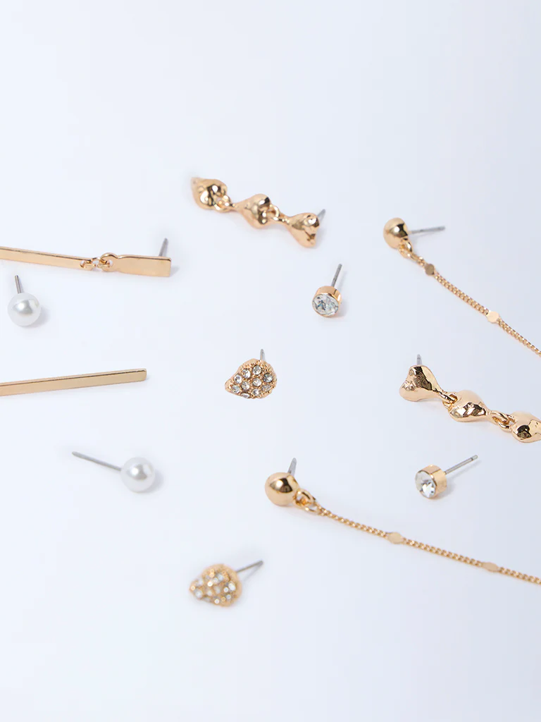 Westside Accessories Gold Studs and Dangler Earrings - Pack of 6 - Image 3