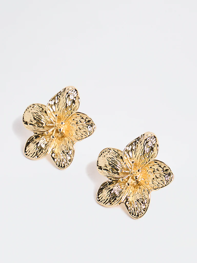 Westside Accessories Gold Textured Floral Stud Earrings - Image 2