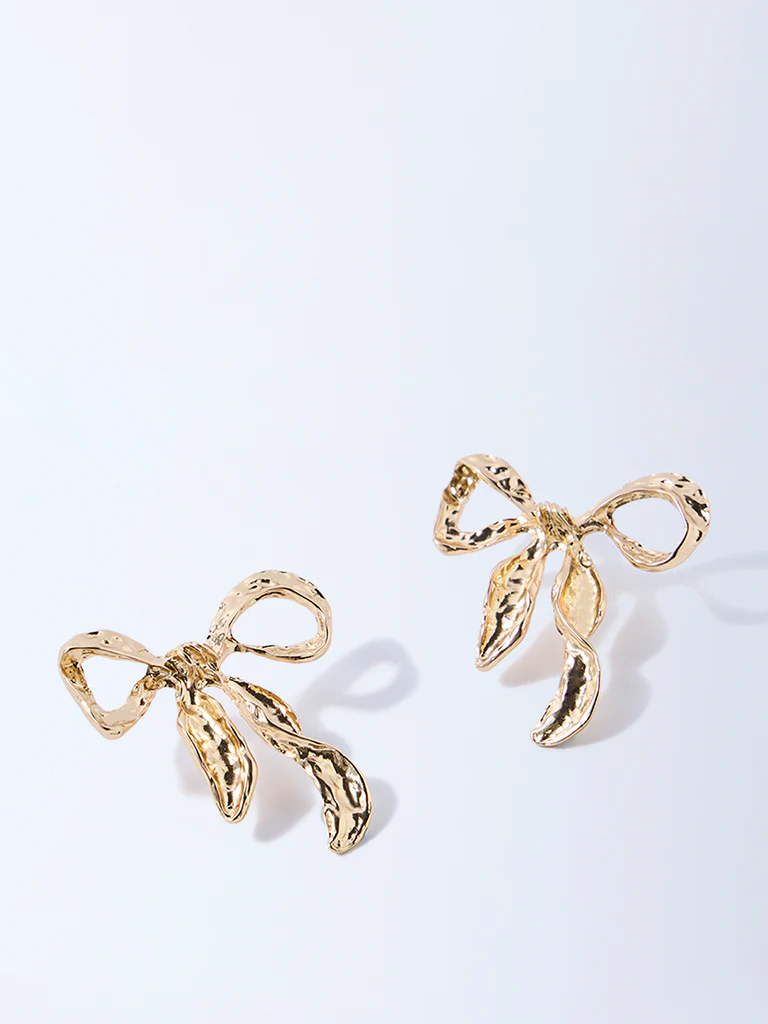 Westside Accessories Gold Textured Statement Bow Earrings - Image 2