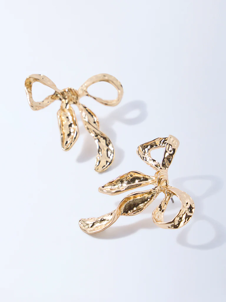 Westside Accessories Gold Textured Statement Bow Earrings - Image 3