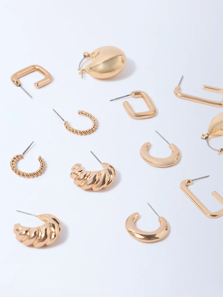 Westside Accessories Gold Textured Thin and Chunky Hoops - Pack of 6 - Image 3
