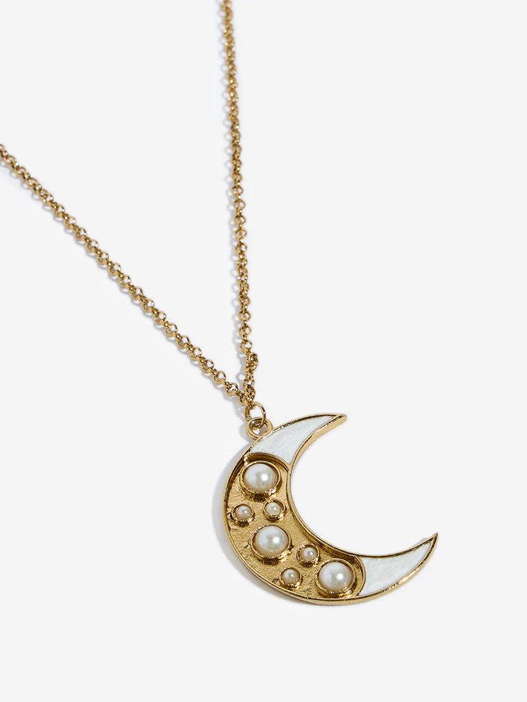 Westside Accessories Gold & White Crescent Moon Pendant Necklace - Image 3