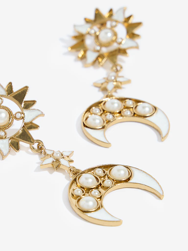 Westside Accessories Gold & White Sun and Moon Dangler Earrings - Image 3