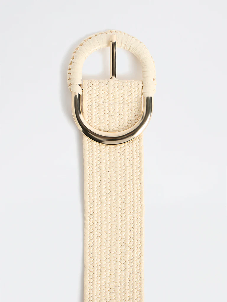 Westside Accessories Light Beige Raffia Covered Buckle Belt - Image 3