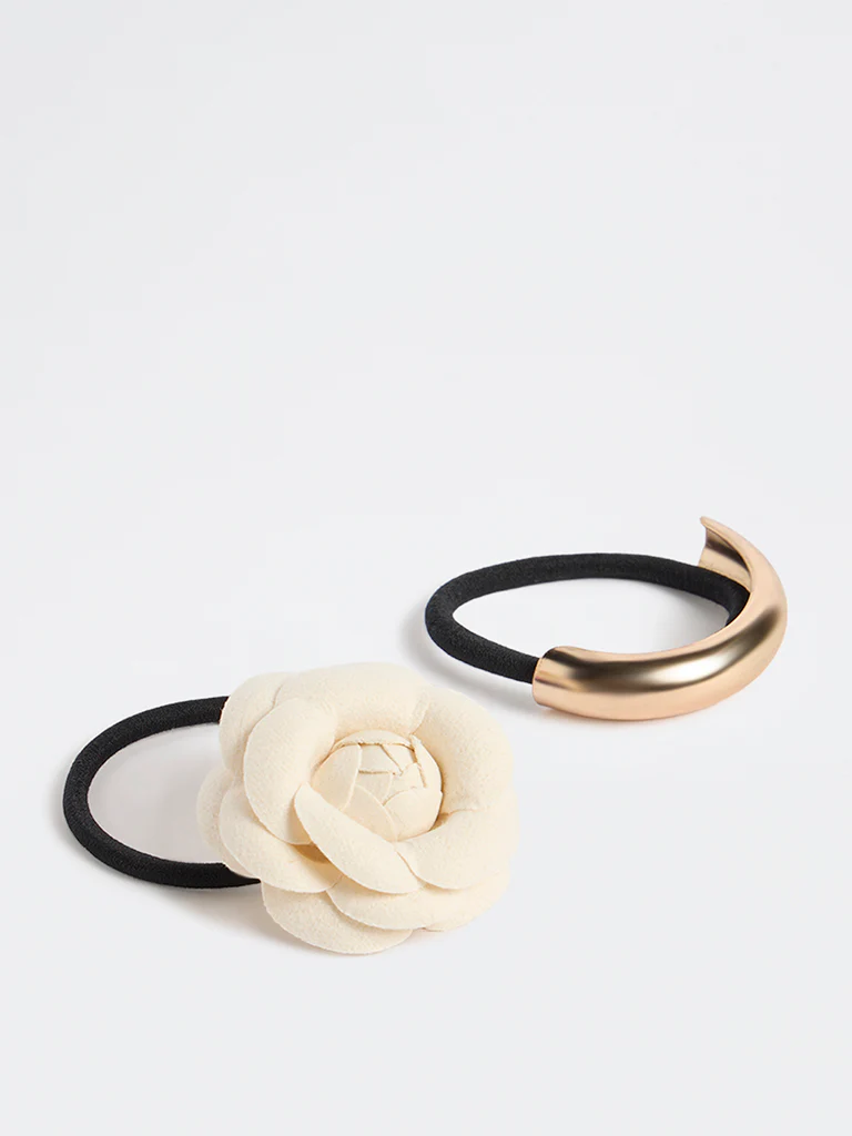 Westside Accessories Off-White Floral and Gold Metallic Scrunchie - Pack of 2 - Image 2