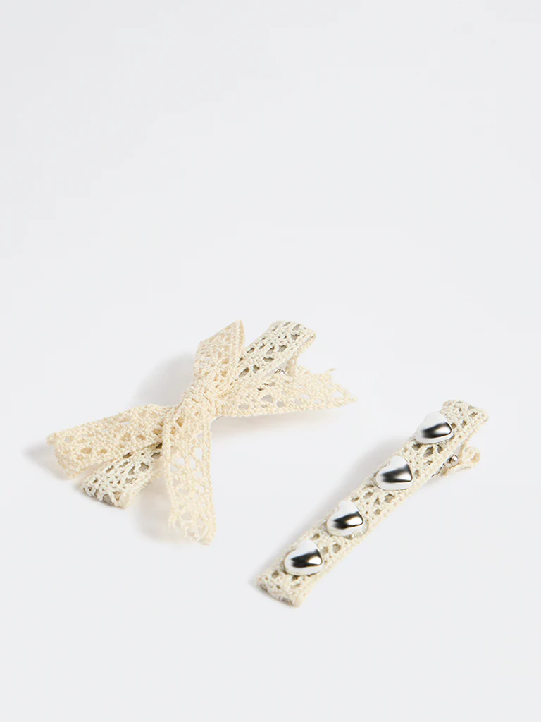 Westside Accessories Off-White Lace Bow & Pearl Clip - Pack of 2 - Image 2