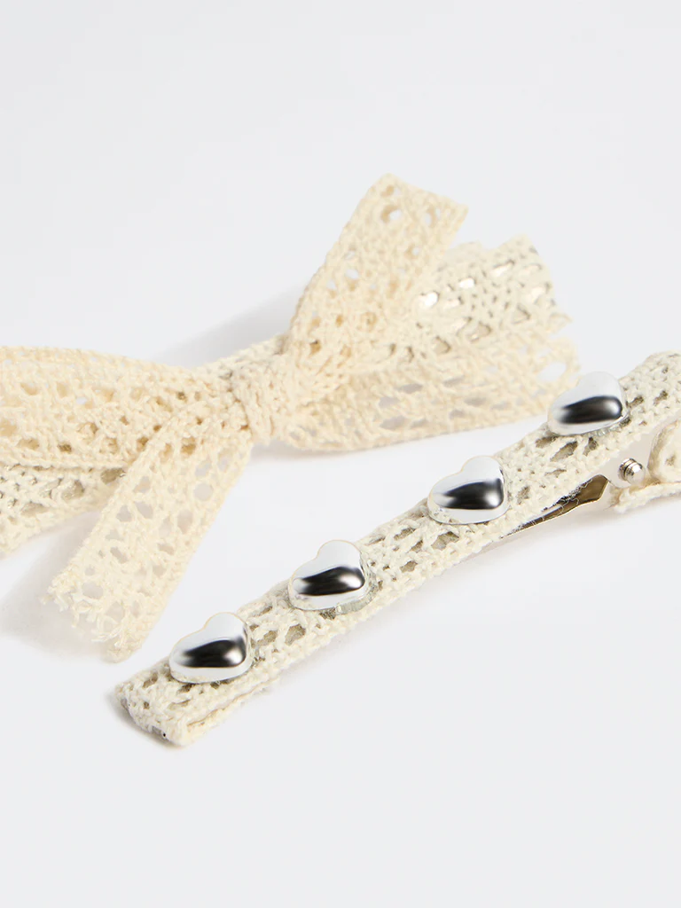 Westside Accessories Off-White Lace Bow & Pearl Clip - Pack of 2 - Image 3