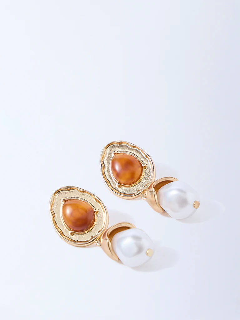 Westside Accessories Orange Pearl Drop Earrings - Image 3