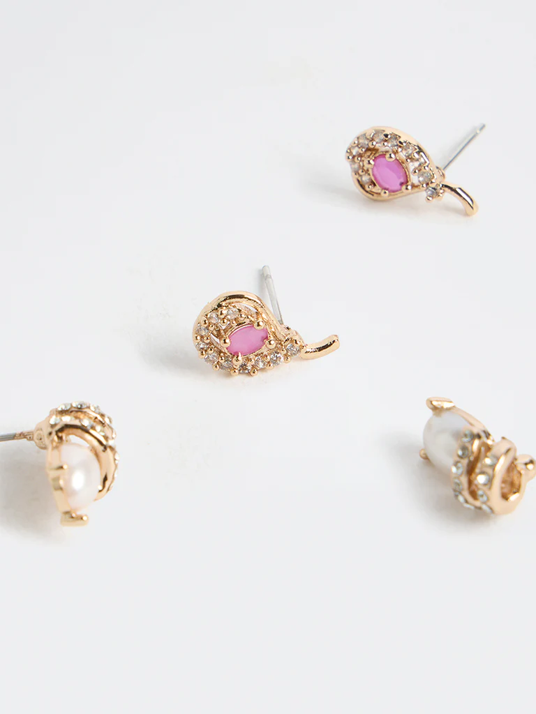 Westside Accessories Pink and White Stone and Pearl Embellished Earrings - Pack of 2 - Image 3