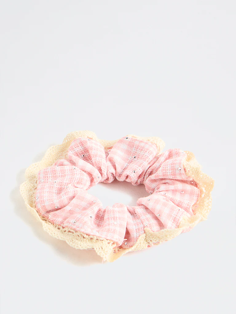Westside Accessories Pink Checkered Lace-Trim Scrunchie - Image 2