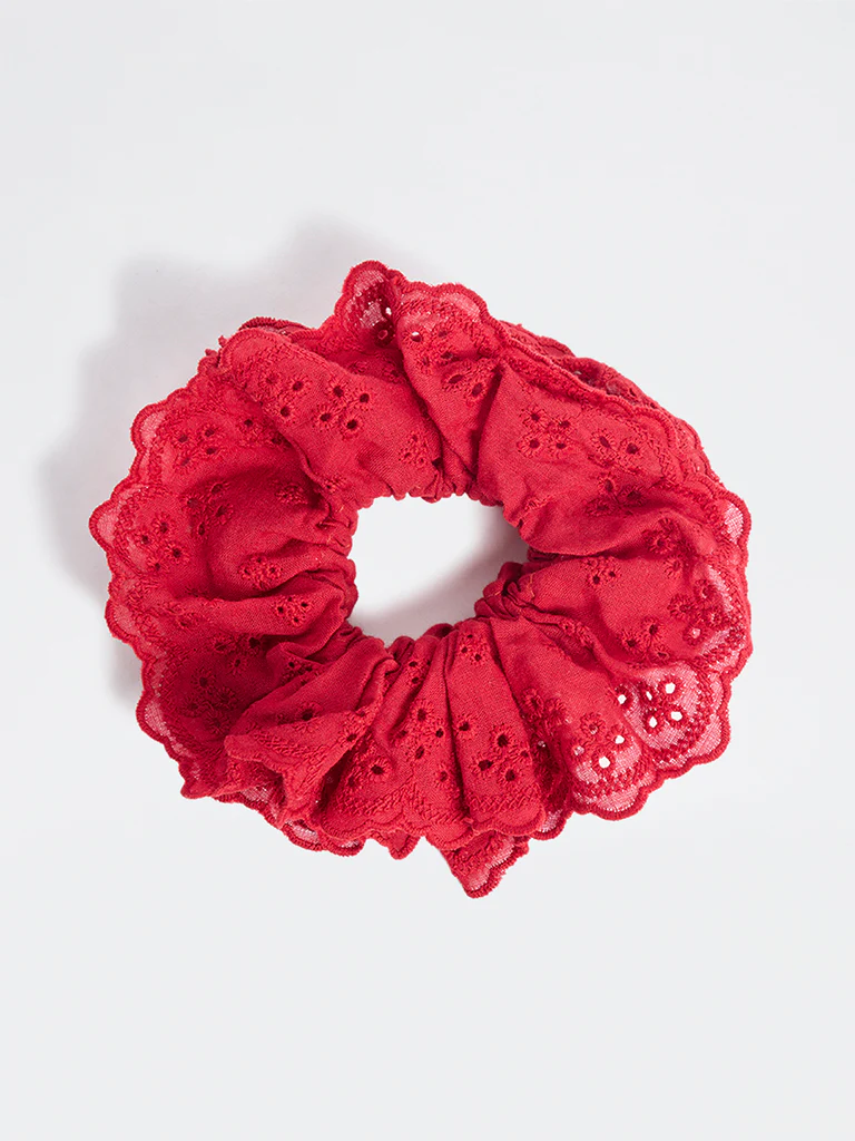Westside Accessories Red Floral Schiffli Hair Scrunchie