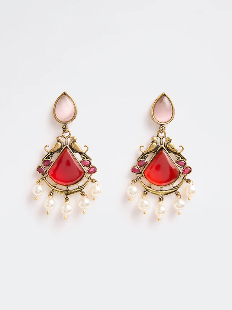 Westside Accessories Red Stone and Pearl Jhumki Earrings