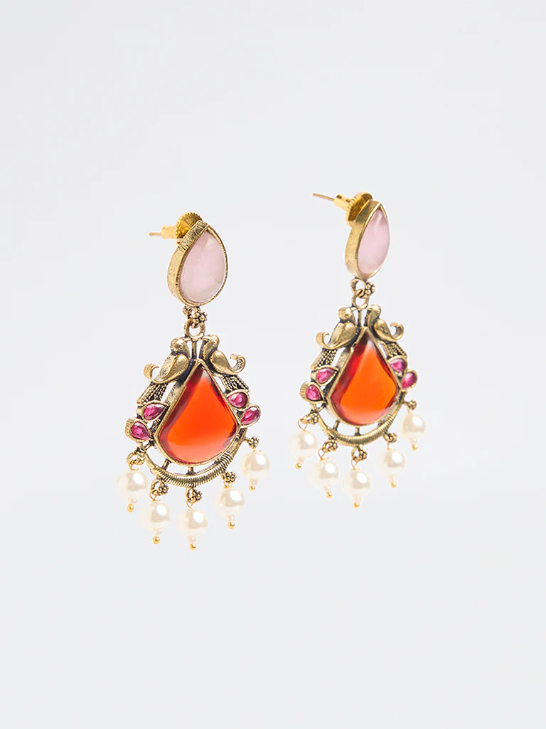 Westside Accessories Red Stone and Pearl Jhumki Earrings - Image 2