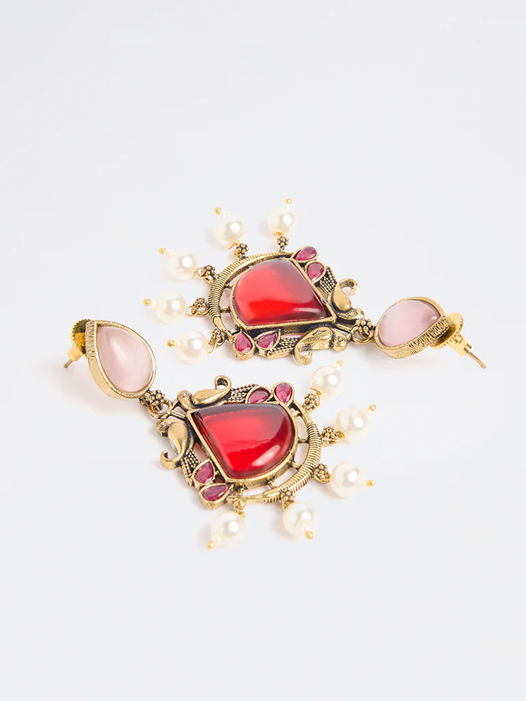 Westside Accessories Red Stone and Pearl Jhumki Earrings - Image 3