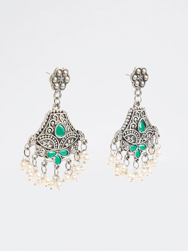 Westside Accessories Silver Oxidised Pearl Jhumki Earrings - Image 2