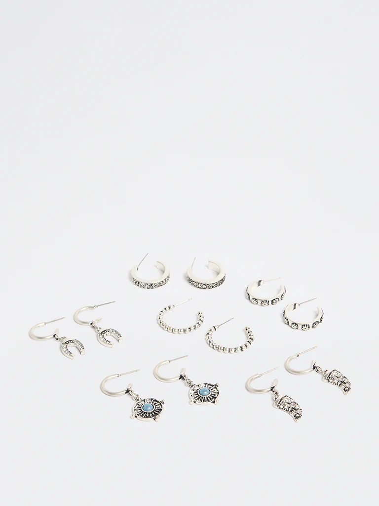 Westside Accessories Silver Oxidised Stud and Hoop Earrings - Pack of 6 - Image 2