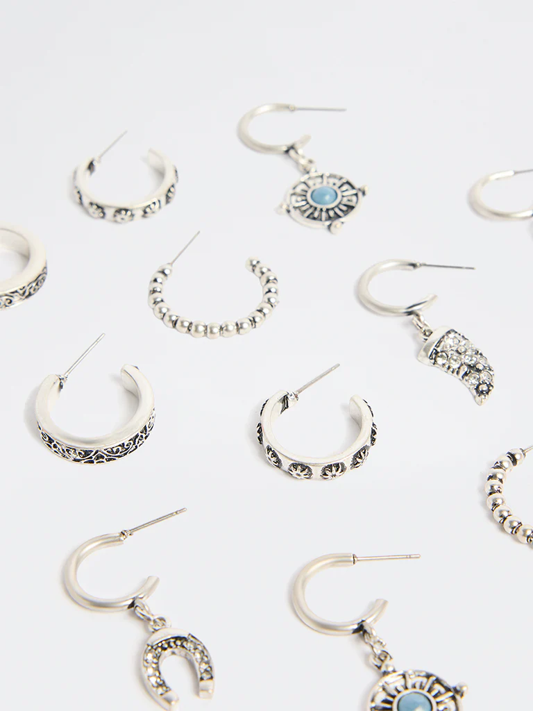 Westside Accessories Silver Oxidised Stud and Hoop Earrings - Pack of 6 - Image 3