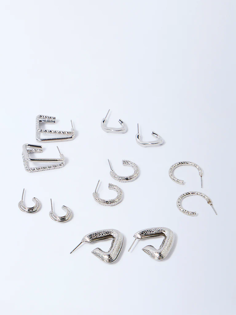 Westside Accessories Silver Textured Hoops - Pack of 6 - Image 2