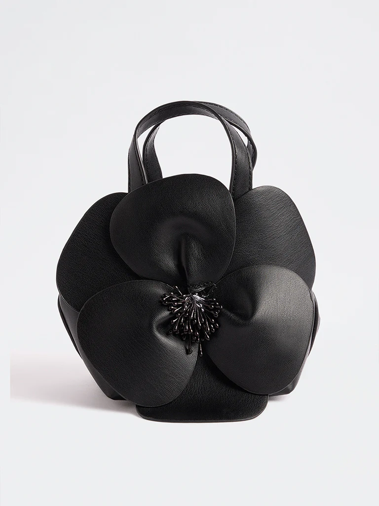 Westside Black Floral Embellished Handbag with a Pouch