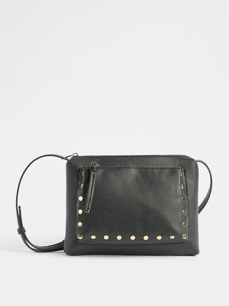 Westside Black Stud-Detail Textured Sling Bag