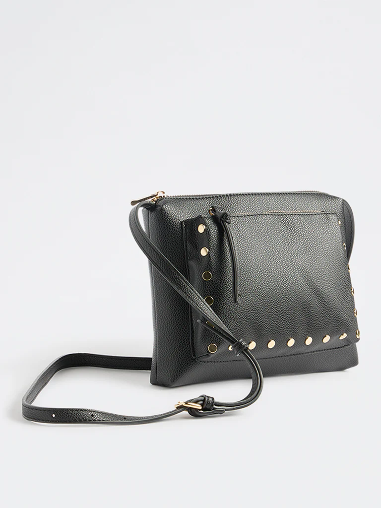 Westside Black Stud-Detail Textured Sling Bag - Image 2