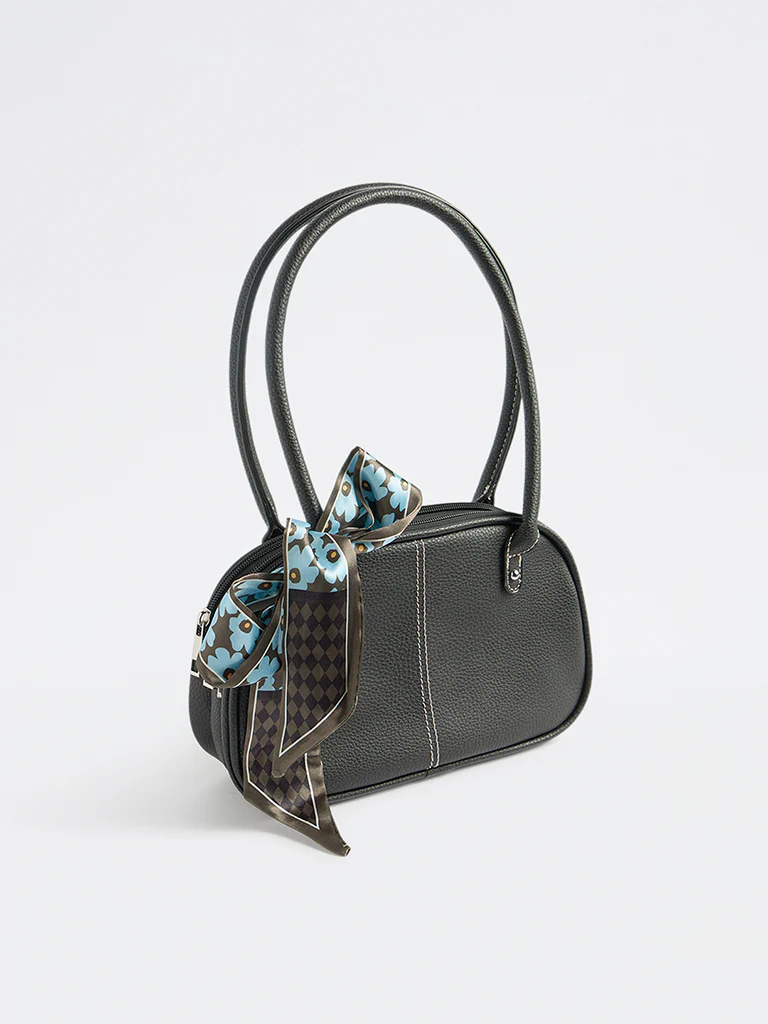 Westside Black Textured Shoulder Bag with a Scarf - Image 2
