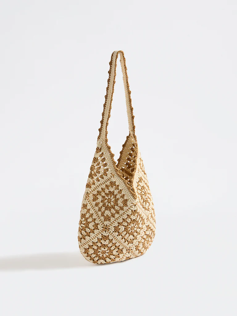 Westside Brown Floral Crochet Tote Bag - Image 2
