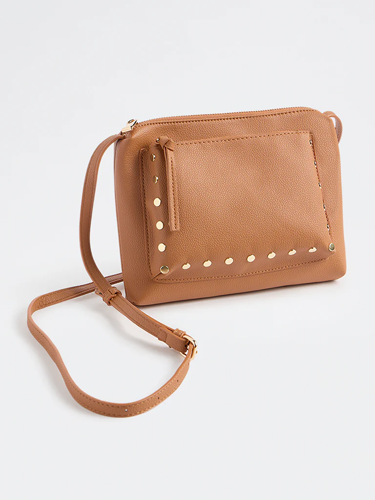Westside Brown Stud-Detail Textured Sling Bag - Image 2