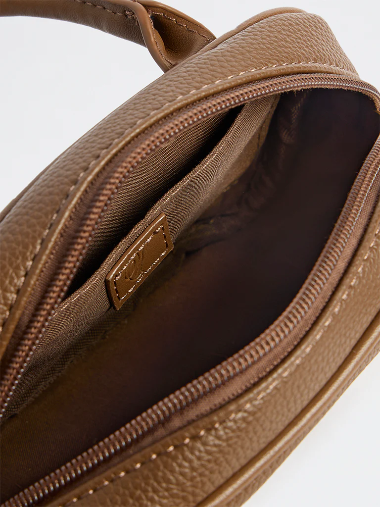 Westside Dark Brown Textured Sling Bag with a Floral Bag Charm - Image 4