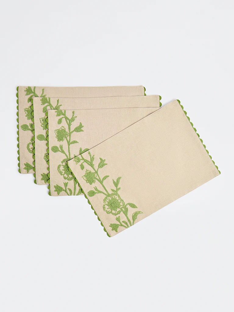 Westside Home Beige Floral Embroidered Placemats (Set of 4) - Image 3