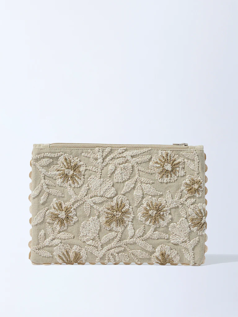 Westside Home Beige Floral Embroidered Pouch