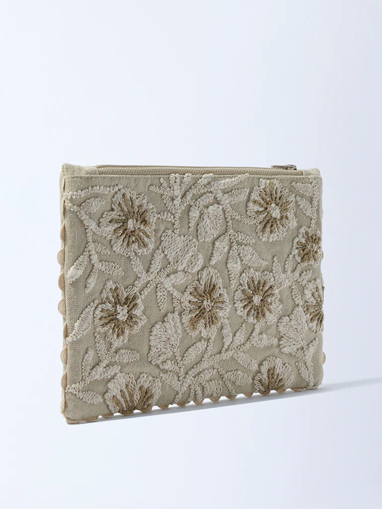 Westside Home Beige Floral Embroidered Pouch - Image 2
