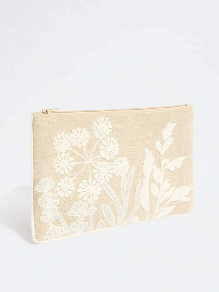 Westside Home Beige Floral Embroidered Pouch - Image 2