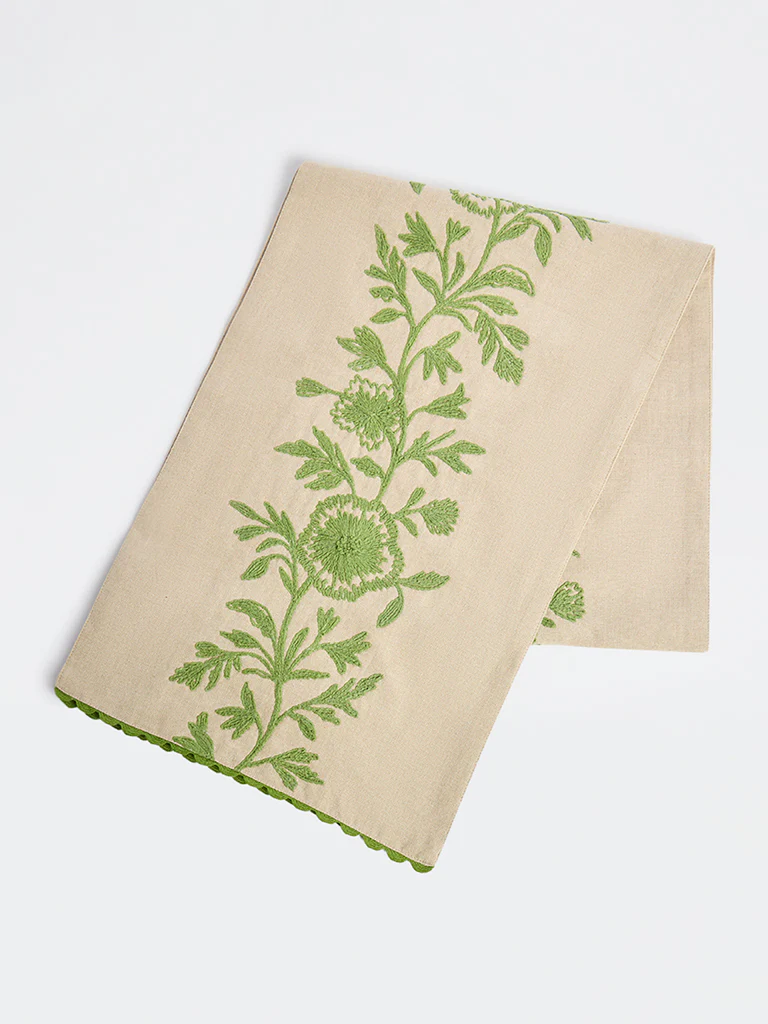 Westside Home Beige Floral Embroidered Table Runner - Image 2