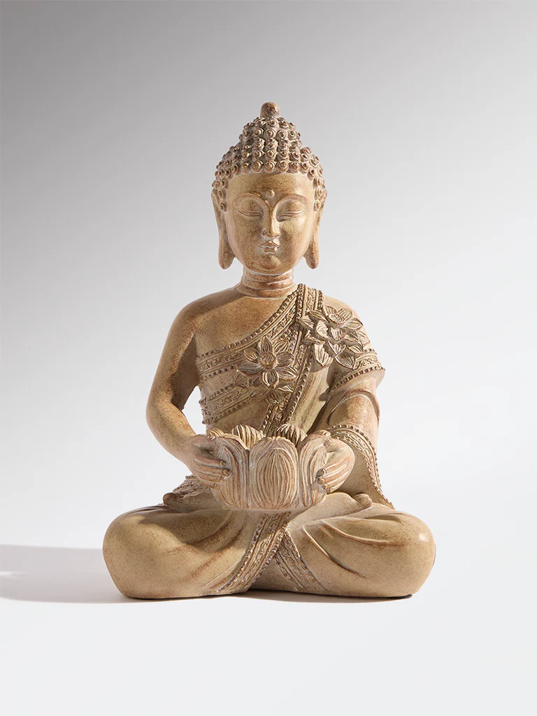 Westside Home Beige Resin Buddha with Tealight Candle Holder