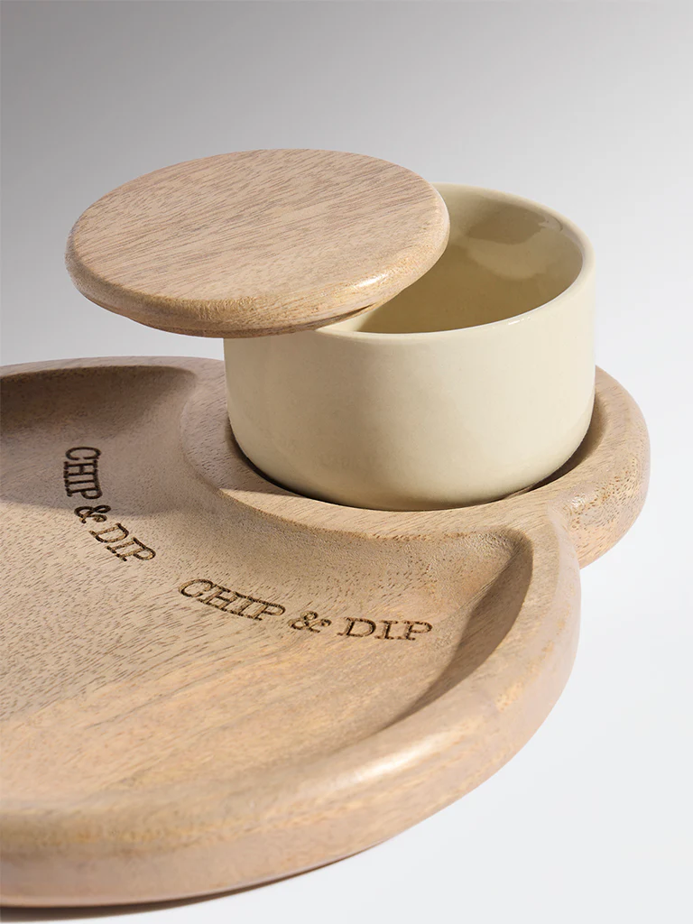 Westside Home Beige Typographic Wooden Chip and Dip Platter - Image 4