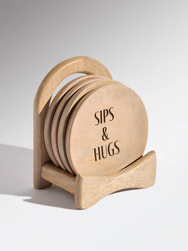 Westside Home Beige Wooden Coasters with Stand (Set of 4) - Image 3