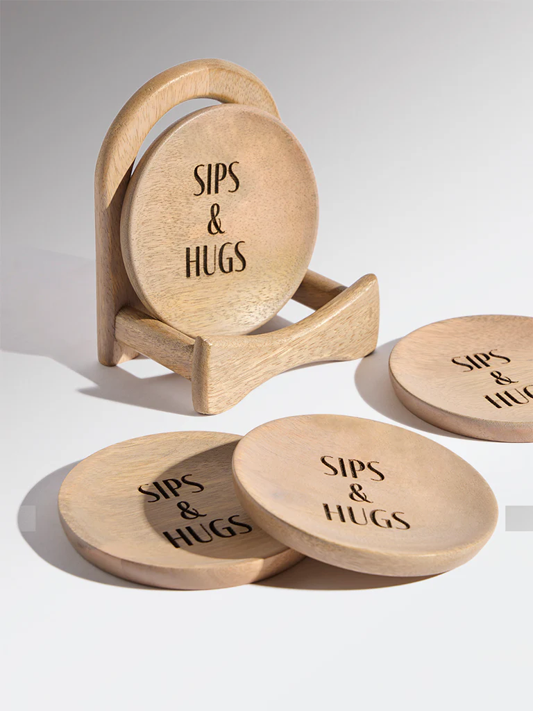 Westside Home Beige Wooden Coasters with Stand (Set of 4) - Image 4