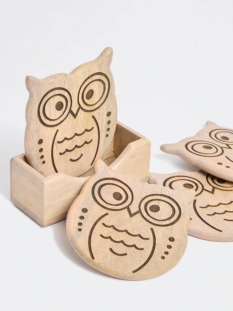 Westside Home Beige Wooden Owl Coasters (Set of 4) - Image 3