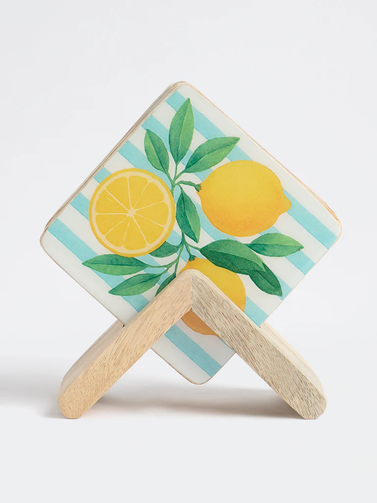 Westside Home Blue and Yellow Lemon Design Wooden Coasters with Stand - (Set of 4)
