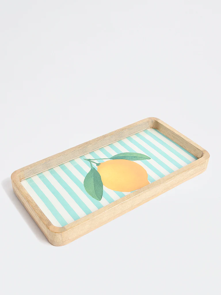 Westside Home Blue and Yellow Lemon Design Wooden Serving Tray - Image 2
